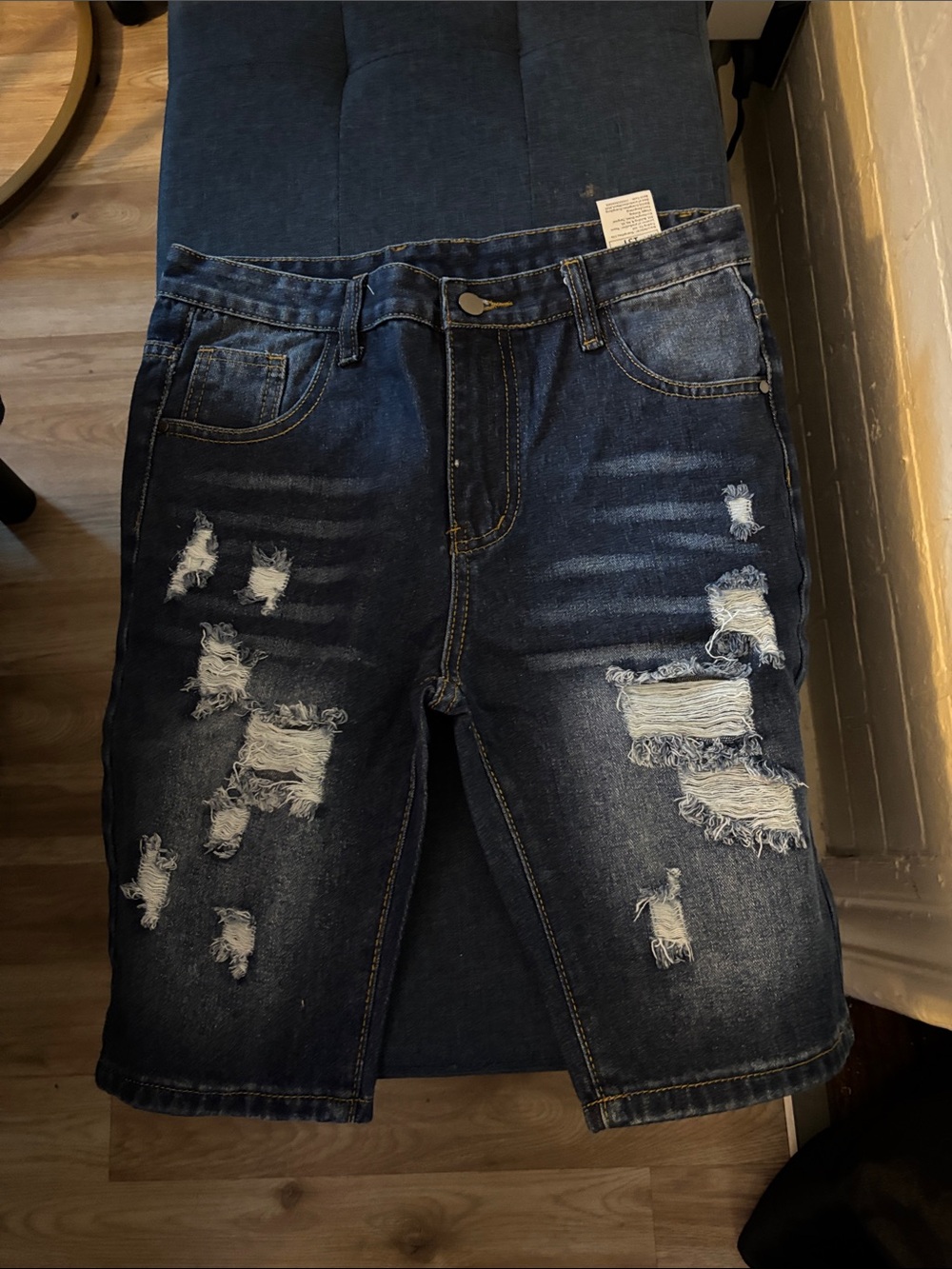Distressed Dark Blue Denim Shorts